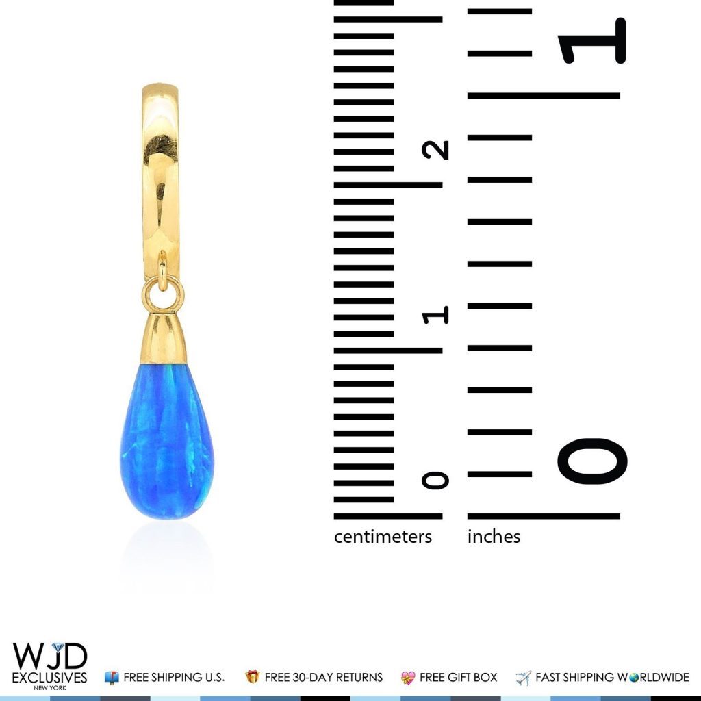 14K Yellow Gold Pear Shaped Blue Fire Opal Huggie Hoop Dangle Earrings 1"