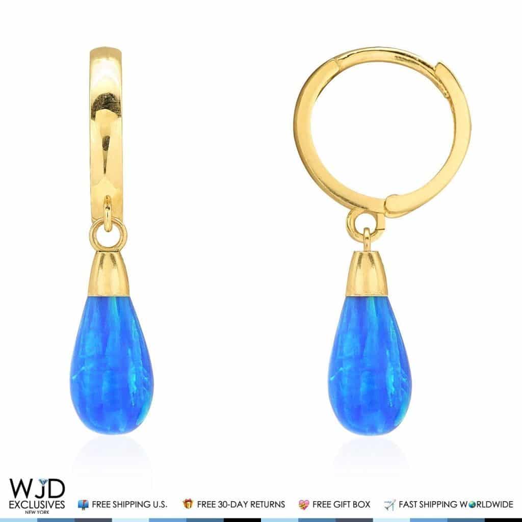 14K Yellow Gold Pear Shaped Blue Fire Opal Huggie Hoop Dangle Earrings 1"