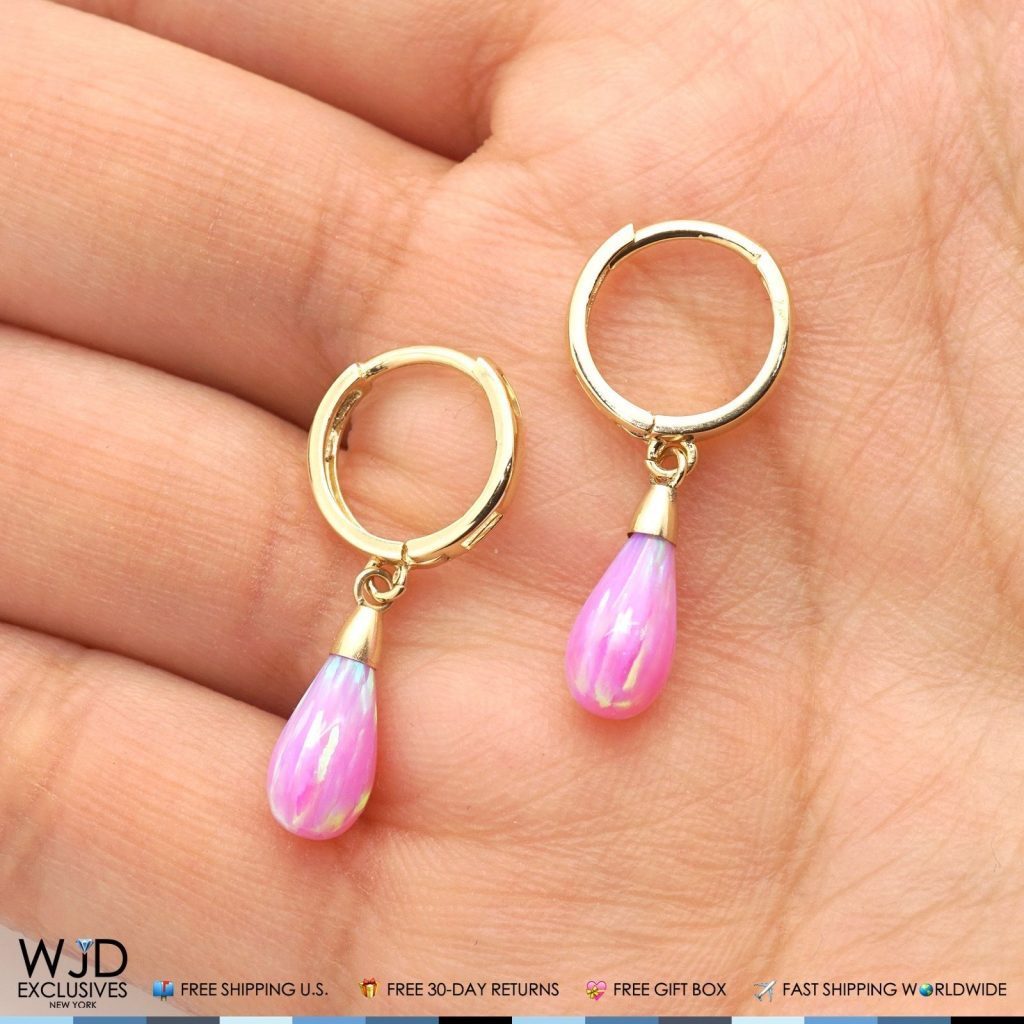 14K Solid Yellow Gold Pear Shaped Pink Fire Opal Huggie Hoop Dangle Earrings 1"