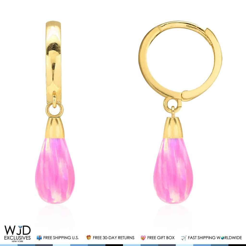 14K Solid Yellow Gold Pear Shaped Pink Fire Opal Huggie Hoop Dangle Earrings 1"