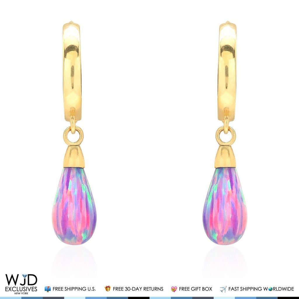 14K Solid Yellow Gold Pear Shaped Purple Fire Opal Huggie Hoop Dangle Earrings