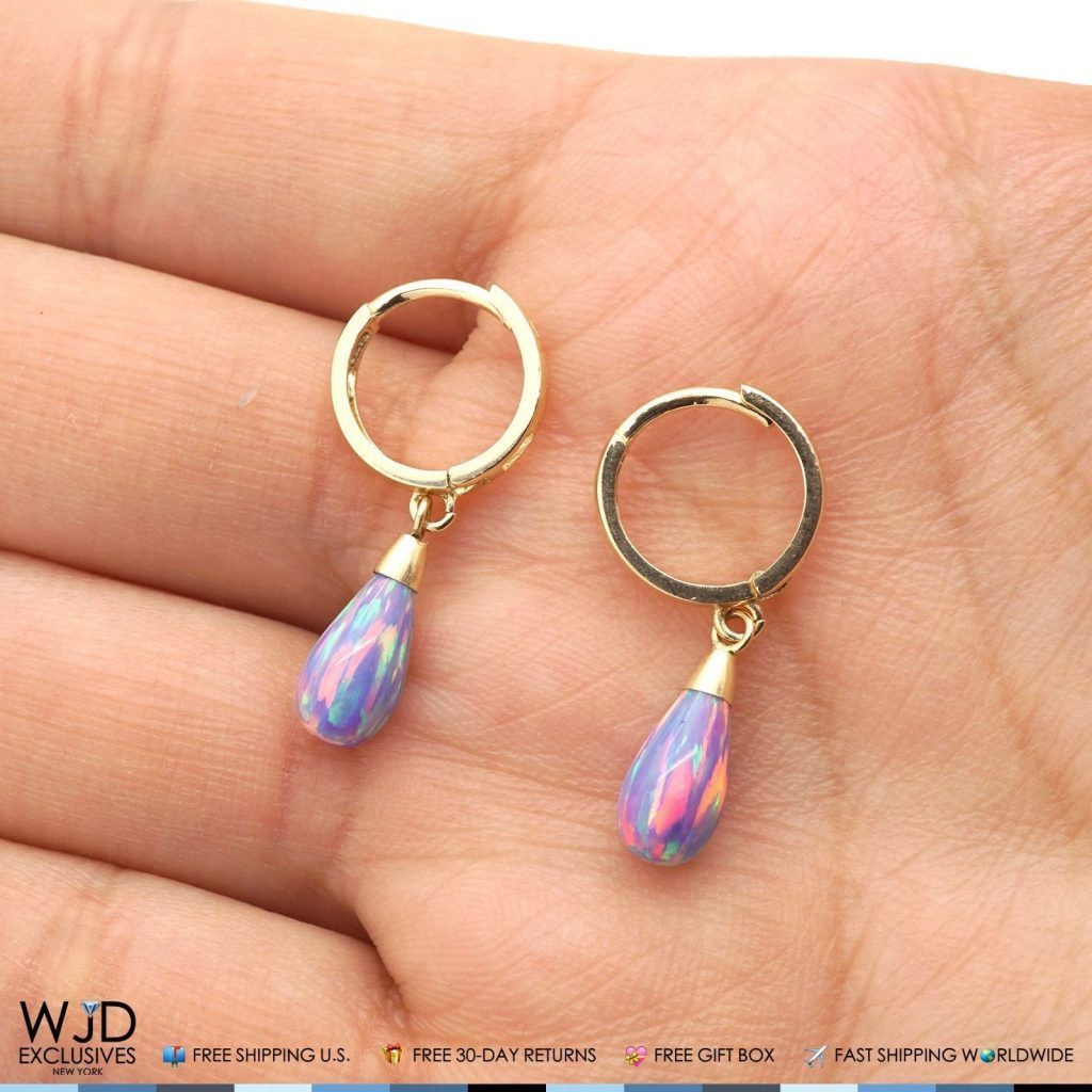 14K Solid Yellow Gold Pear Shaped Purple Fire Opal Huggie Hoop Dangle Earrings