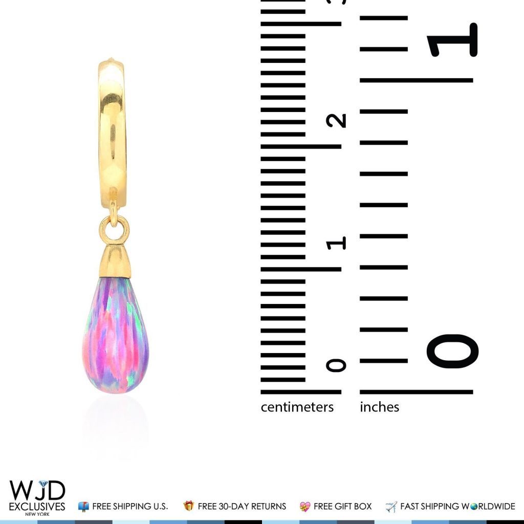 14K Solid Yellow Gold Pear Shaped Purple Fire Opal Huggie Hoop Dangle Earrings