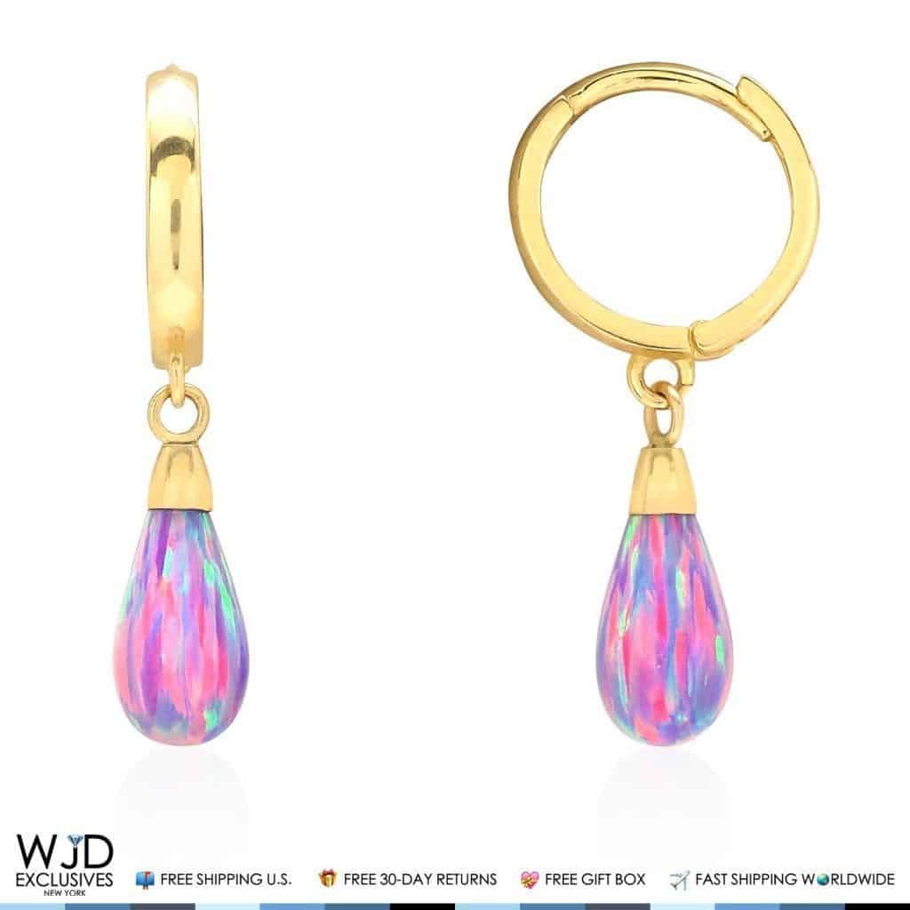 14K Solid Yellow Gold Pear Shaped Purple Fire Opal Huggie Hoop Dangle Earrings