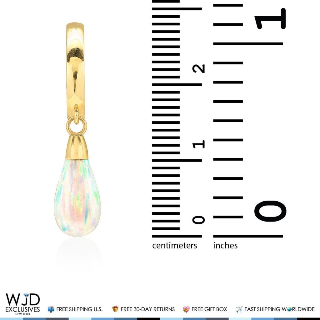 14K Solid Yellow Gold Pear Shaped White Fire Opal Huggie Hoop Dangle Earrings 1"