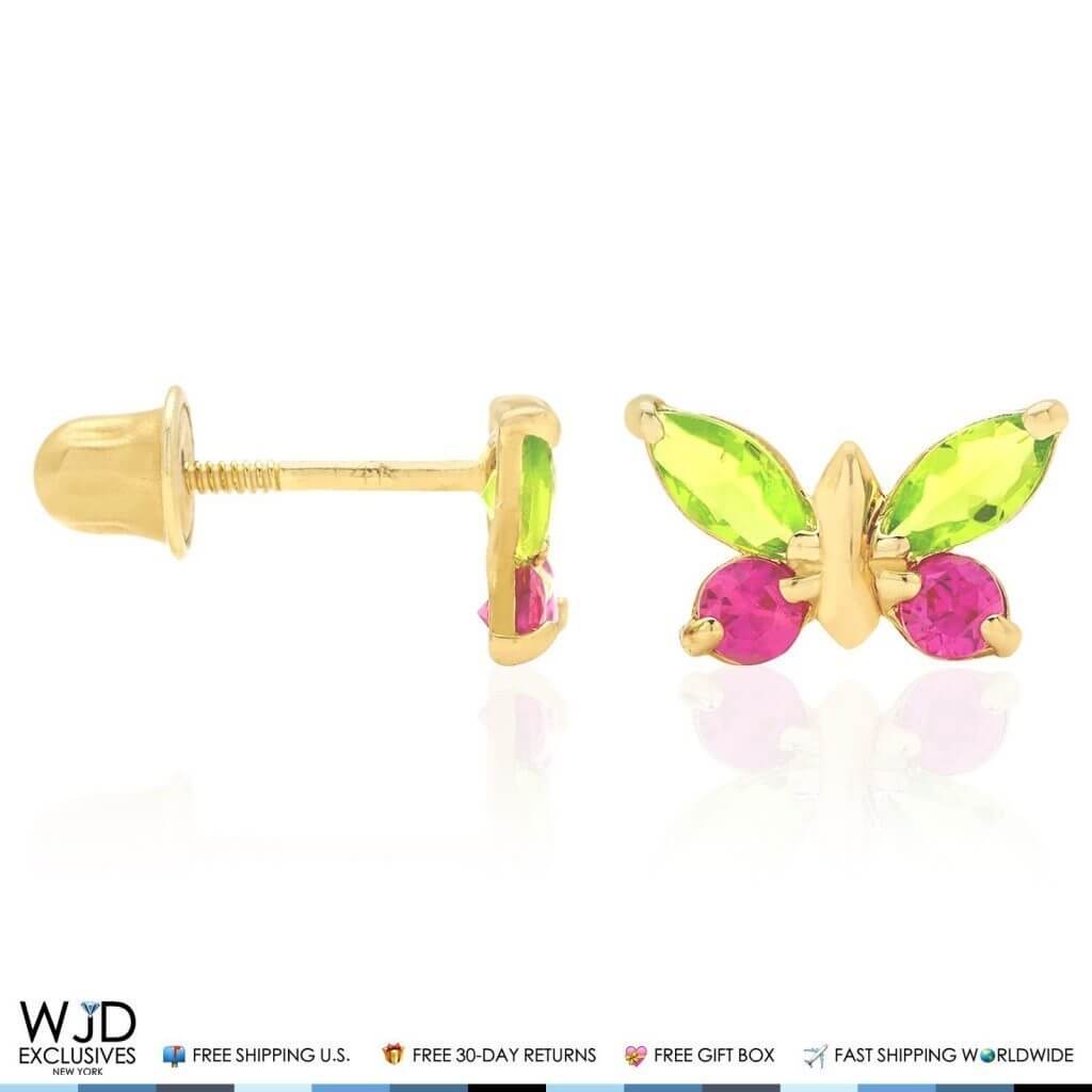 14K Yellow & White Gold Multicolor Gemstone Butterfly Screw Back Stud Earrings