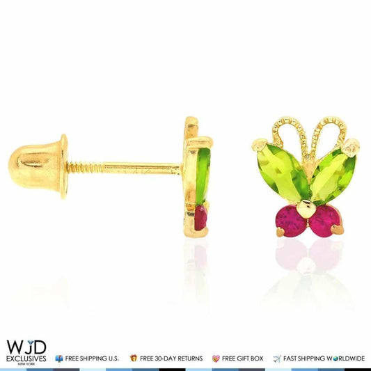 Kids 14K Gold Simulated Peridot Ruby Butterfly Baby Screwback Stud Earrings