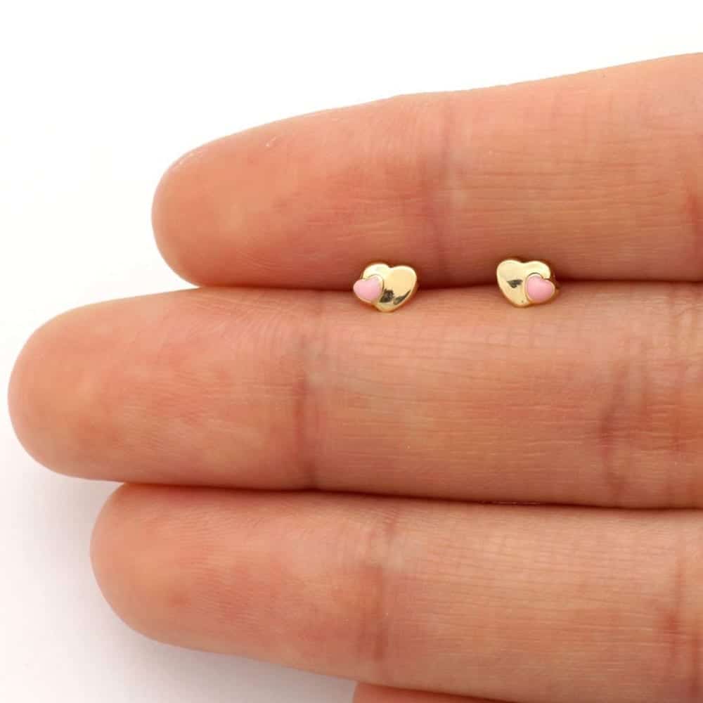 14K Yellow Gold Pink Enamel Heart Screwback Stud Kid Earrings