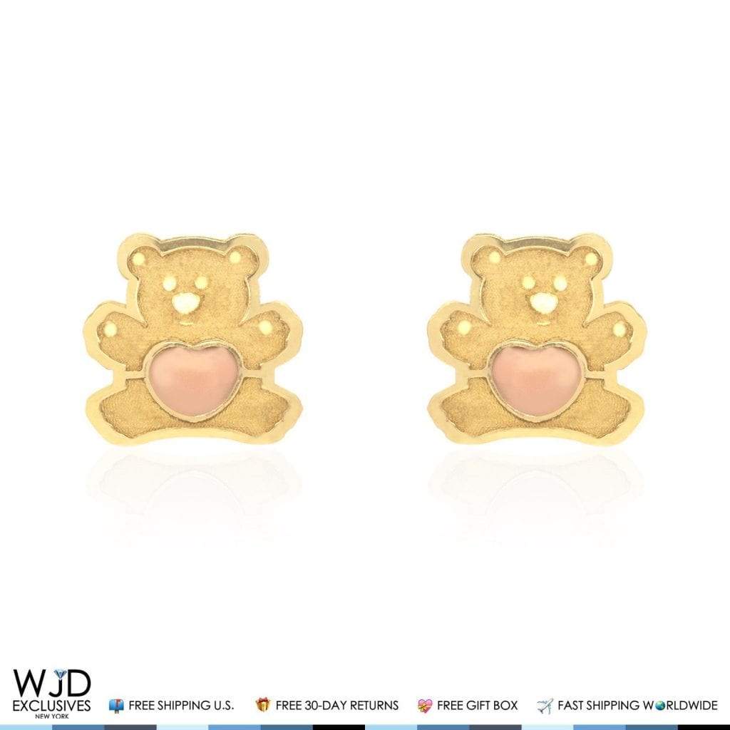 Solid 14K Yellow Gold Pink Enamel Heart Teddy Bear Baby Screwback Stud Earrings