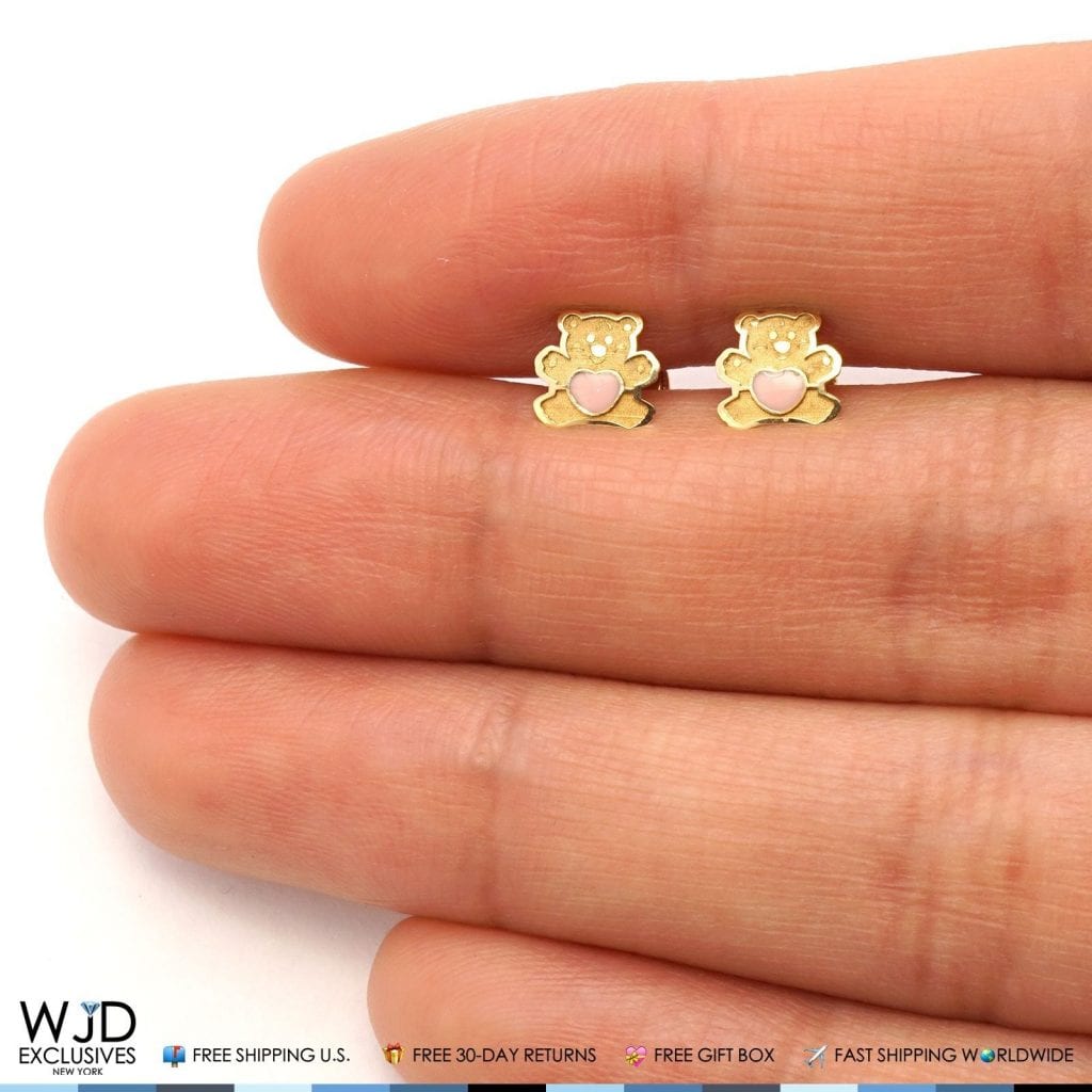 Solid 14K Yellow Gold Pink Enamel Heart Teddy Bear Baby Screwback Stud Earrings