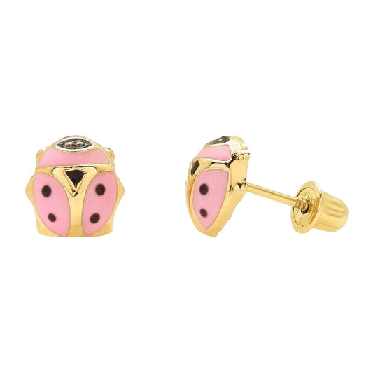 14K Yellow Gold Pink Enamel Ladybug Screw Back Stud Earrings 7mm