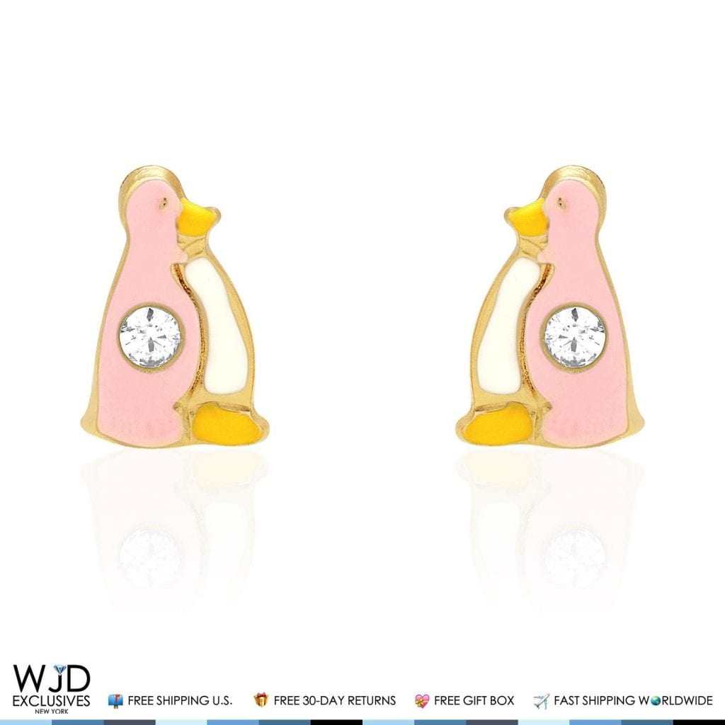 14K Solid Yellow Gold Pink Enamel & Zircon Penguin Screwback Stud Kids Earrings