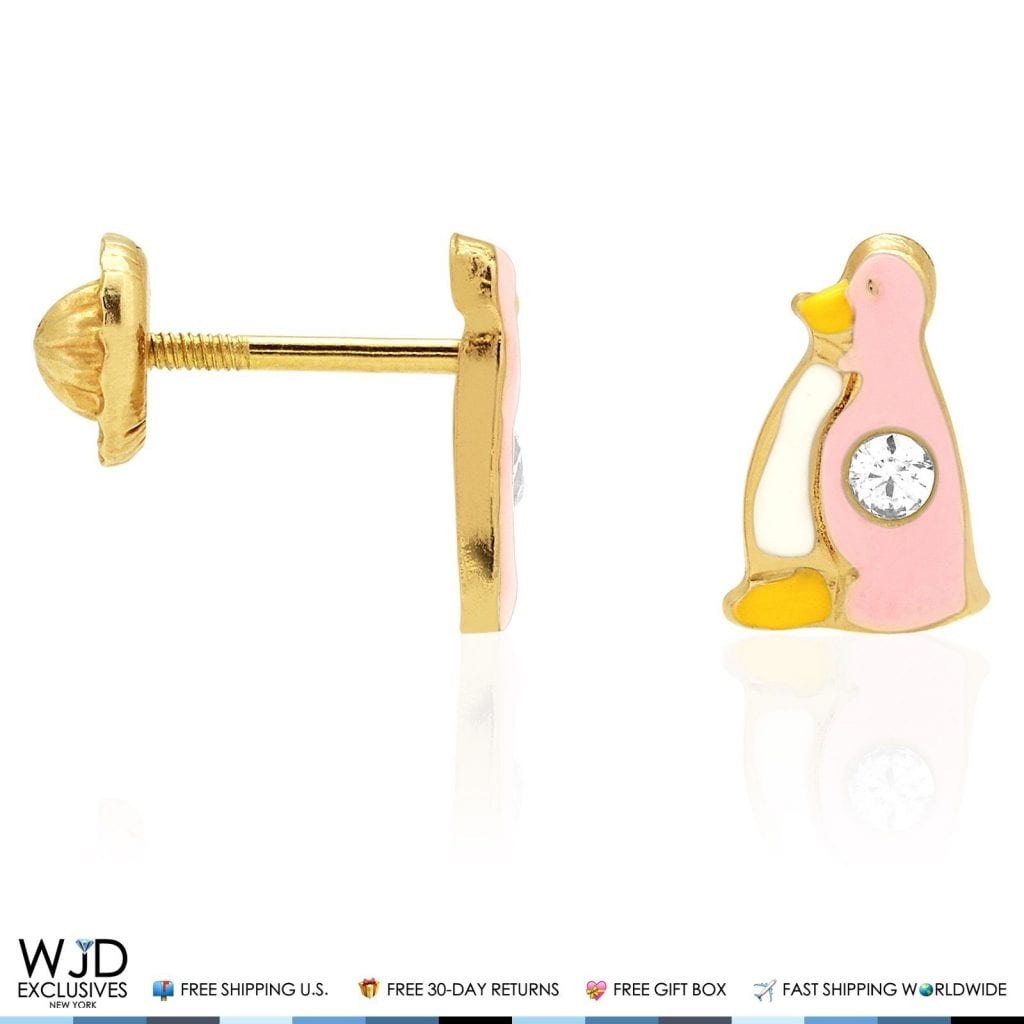 14K Solid Yellow Gold Pink Enamel & Zircon Penguin Screwback Stud Kids Earrings