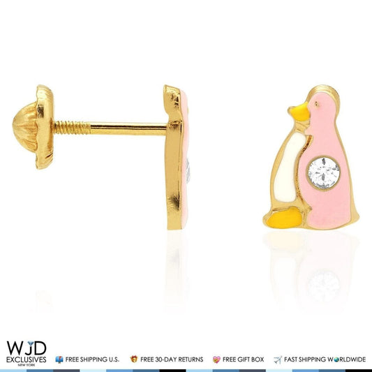 14K Yellow Gold Pink Enamel & Zircon Penguin Screwback Stud Kids Earrings