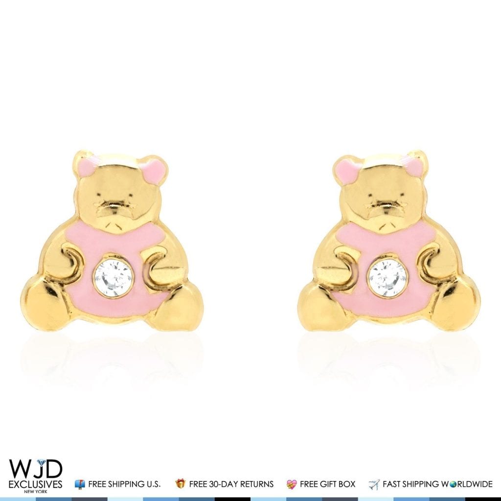 14K Real Gold Enamel CZ Teddy Bear Screwback Stud Earrings