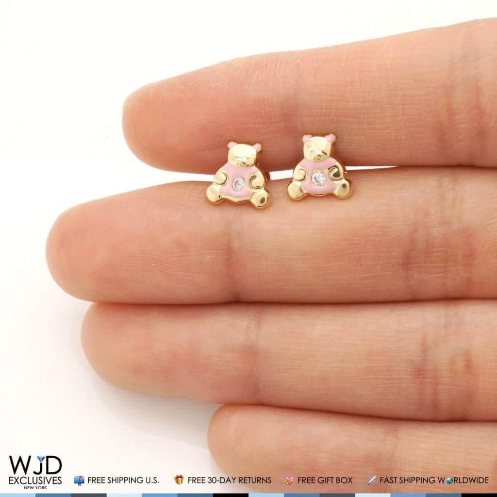 14K Real Gold Enamel CZ Teddy Bear Screwback Stud Earrings