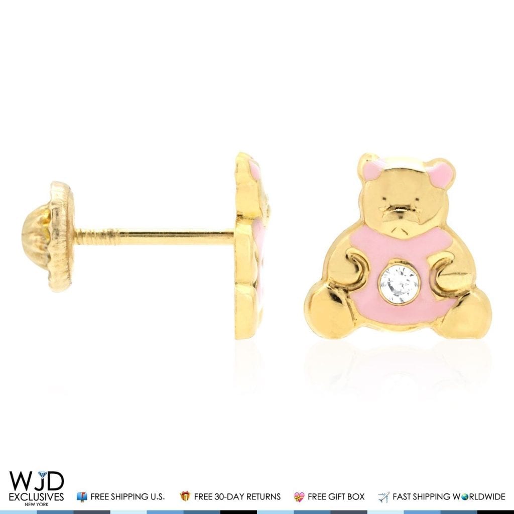 14K Real Gold Enamel CZ Teddy Bear Screwback Stud Earrings