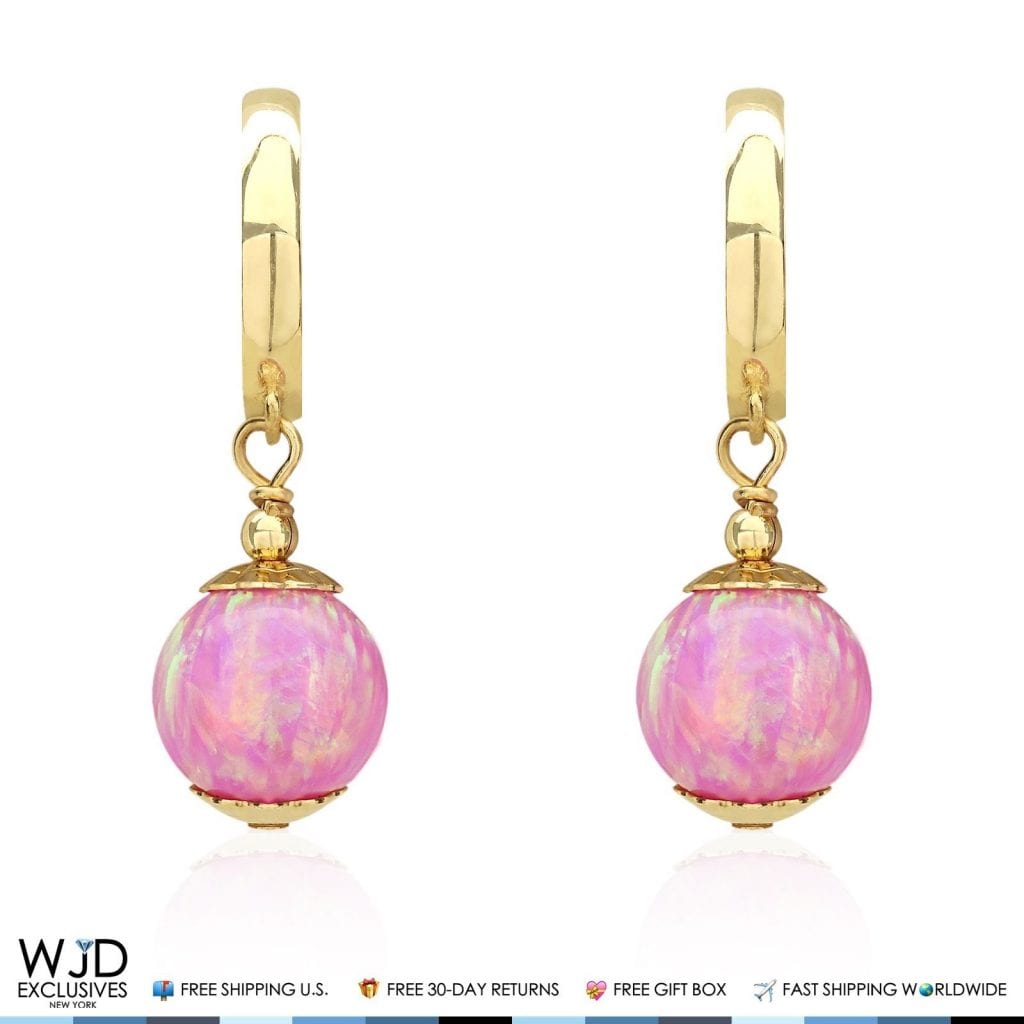 14K Solid Yellow Gold Pink Fire Opal Ball Huggie Hoop Dangle Drop Earrings