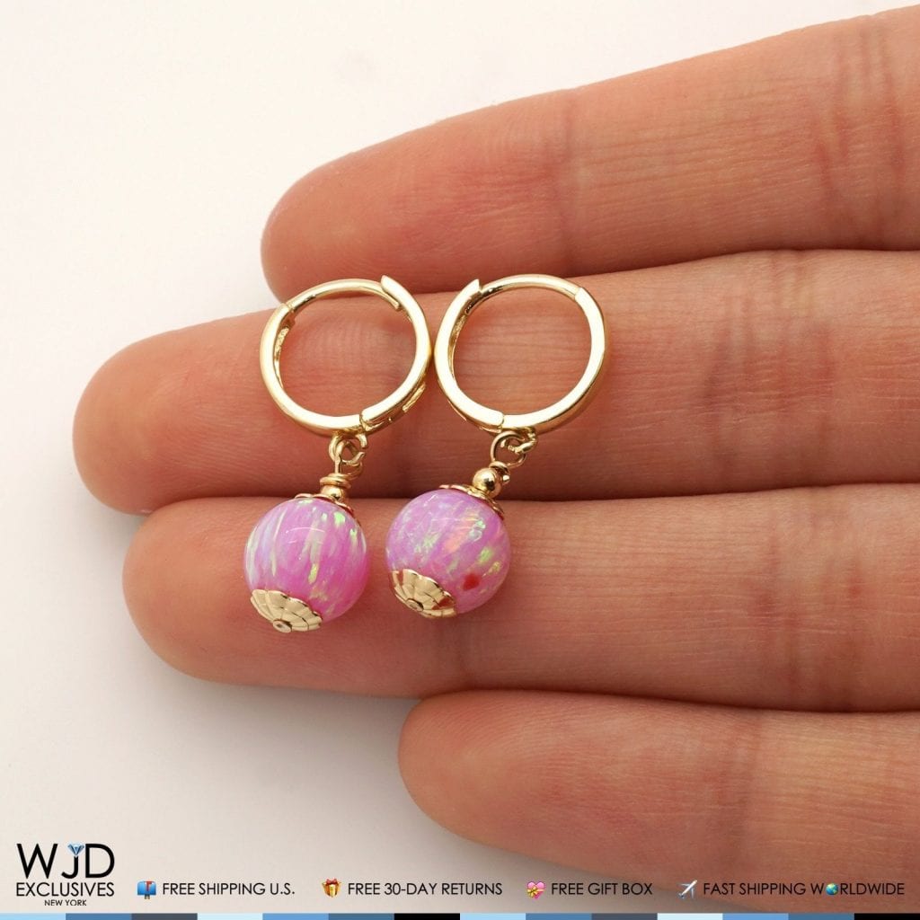 14K Solid Yellow Gold Pink Fire Opal Ball Huggie Hoop Dangle Drop Earrings