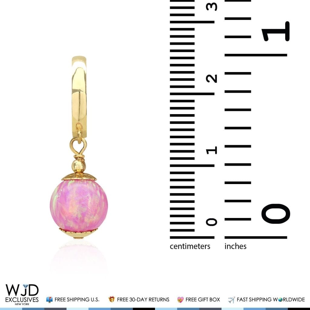 14K Solid Yellow Gold Pink Fire Opal Ball Huggie Hoop Dangle Drop Earrings