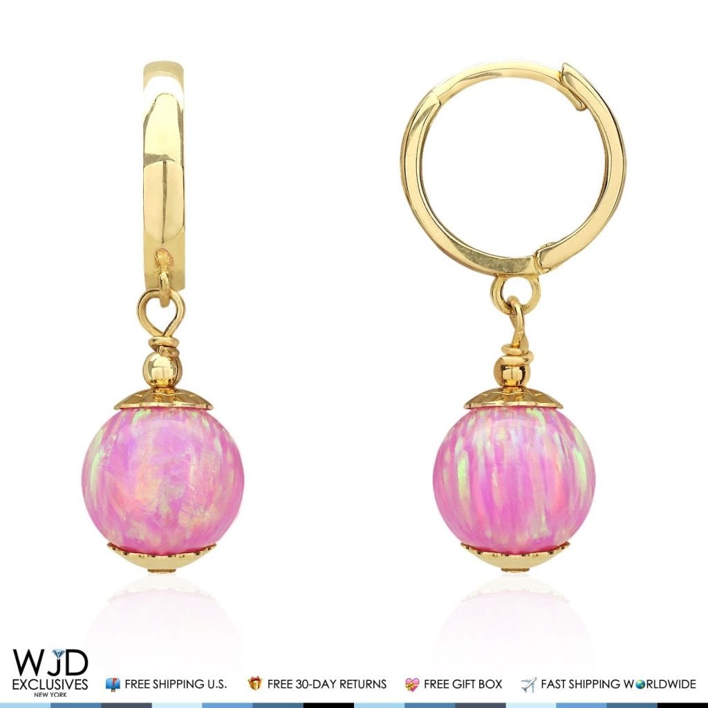 14K Solid Yellow Gold Pink Fire Opal Ball Huggie Hoop Dangle Drop Earrings