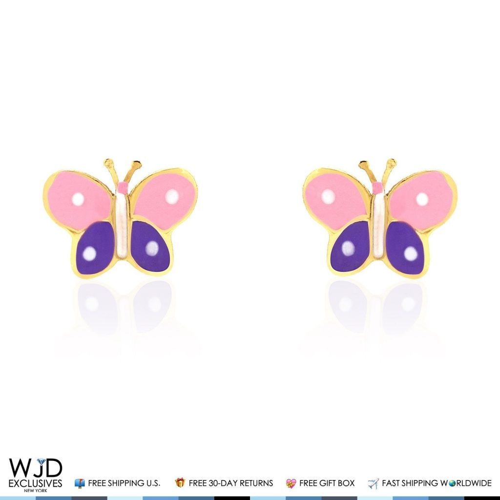Kid's 14K Yellow Gold Pink & Purple Enamel Butterfly Screw Back Stud Earrings
