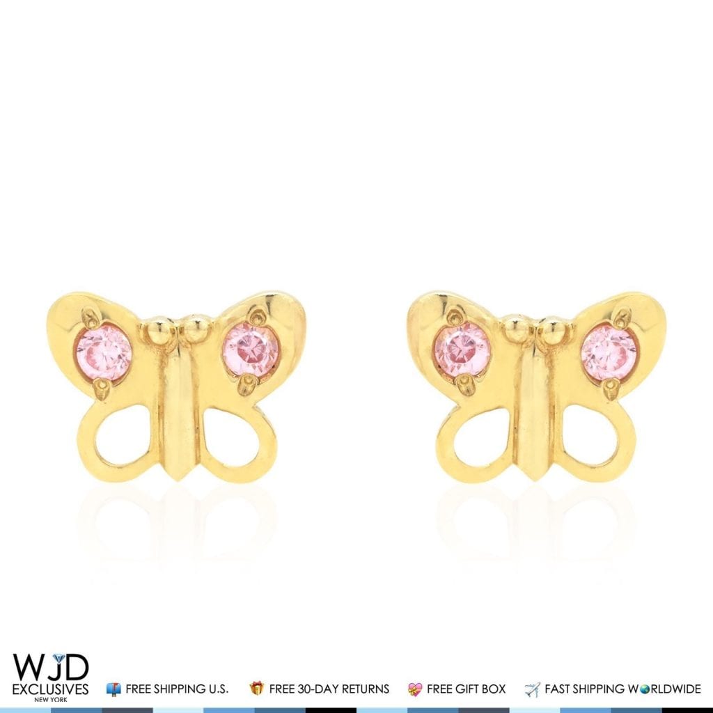 14K Solid Yellow Gold Pink Tourmaline Butterfly Baby Screw Back Stud Earrings
