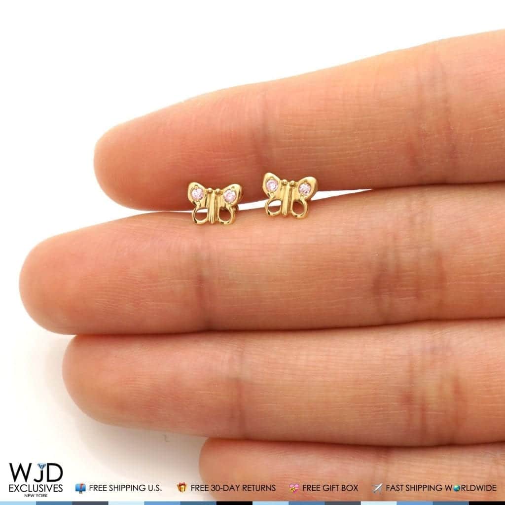 14K Solid Yellow Gold Pink Tourmaline Butterfly Baby Screw Back Stud Earrings