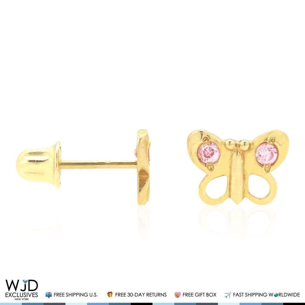 14K Solid Yellow Gold Pink Tourmaline Butterfly Baby Screw Back Stud Earrings