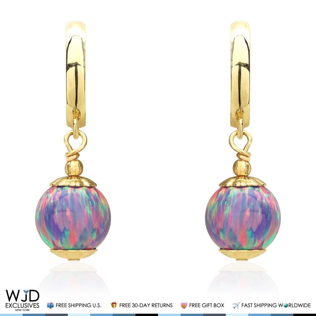 14K Solid Yellow Gold Purple Fire Opal Ball Huggie Hoop Dangle Drop Earrings
