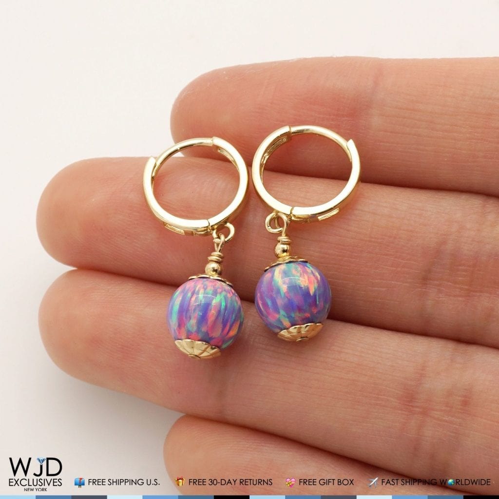 14K Solid Yellow Gold Purple Fire Opal Ball Huggie Hoop Dangle Drop Earrings