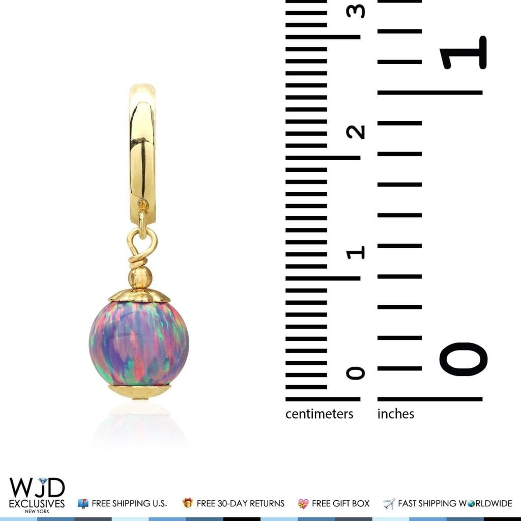14K Solid Yellow Gold Purple Fire Opal Ball Huggie Hoop Dangle Drop Earrings