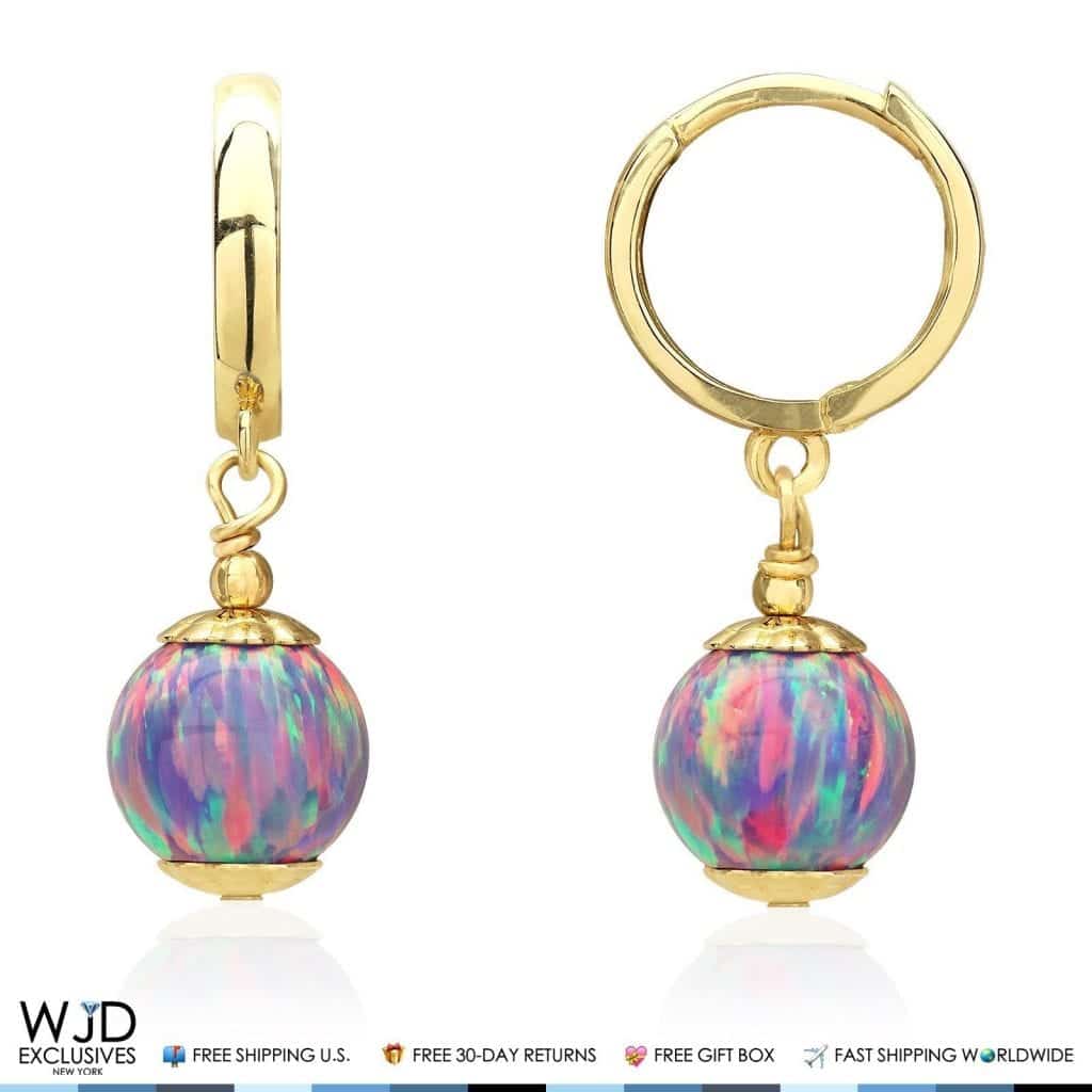 14K Solid Yellow Gold Purple Fire Opal Ball Huggie Hoop Dangle Drop Earrings