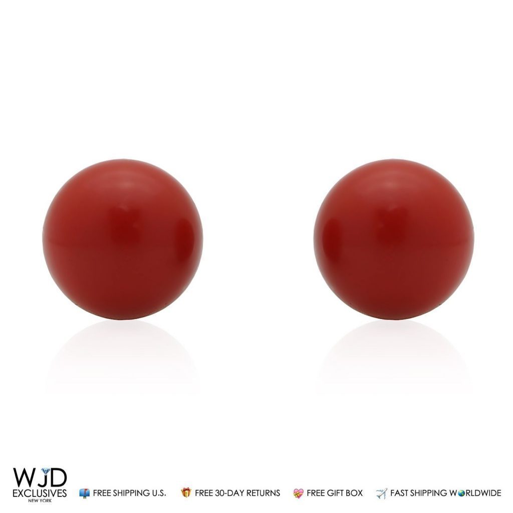 14K Solid Yellow Gold Red Coral Ball Stud Pushback Earrings 8mm