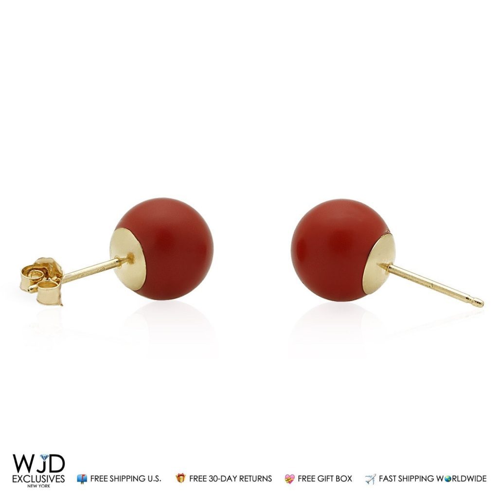 14K Solid Yellow Gold Red Coral Ball Stud Pushback Earrings 8mm