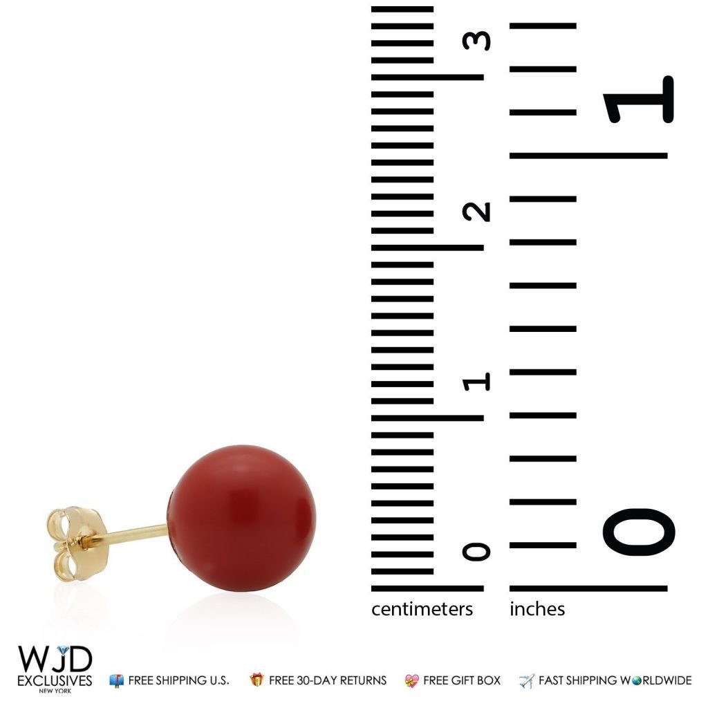 14K Solid Yellow Gold Red Coral Ball Stud Pushback Earrings 8mm