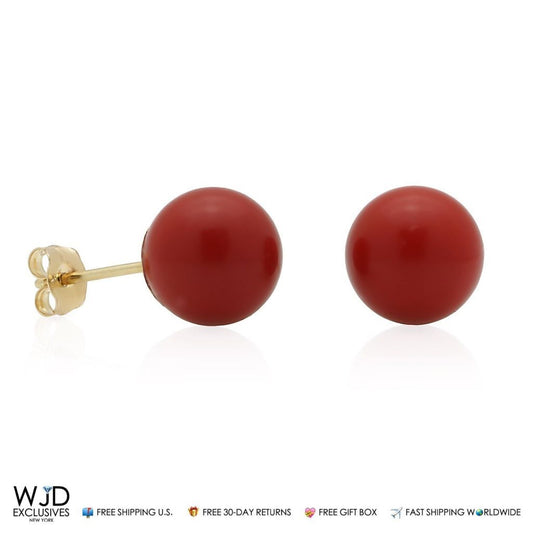 14K Solid Yellow Gold Red Coral Ball Stud Pushback Earrings