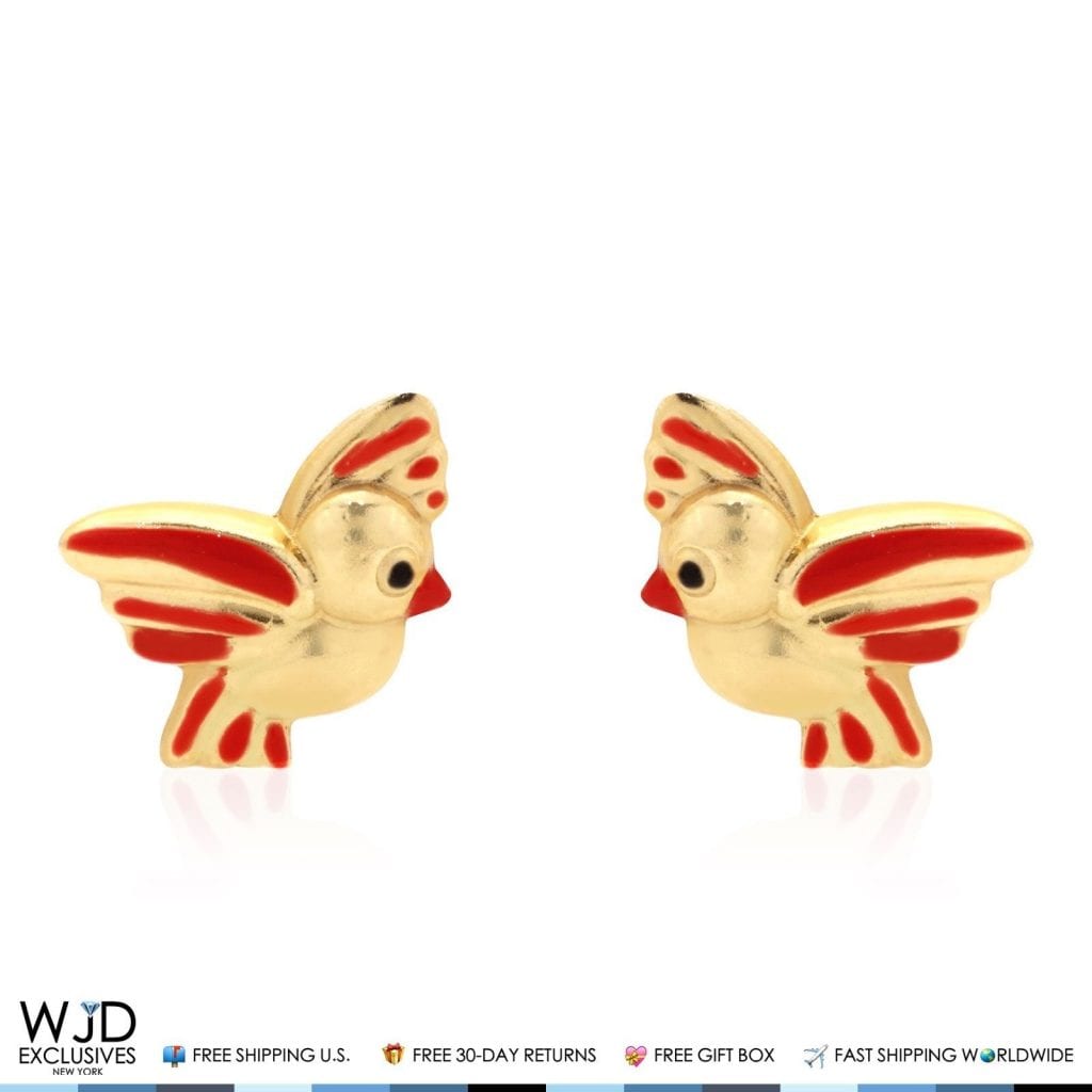 14K Solid Yellow Gold Red Enamel Baby Bird Screw Back Stud Kids Earrings