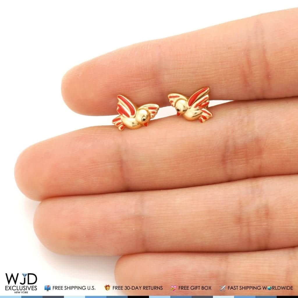 14K Solid Yellow Gold Red Enamel Baby Bird Screw Back Stud Kids Earrings
