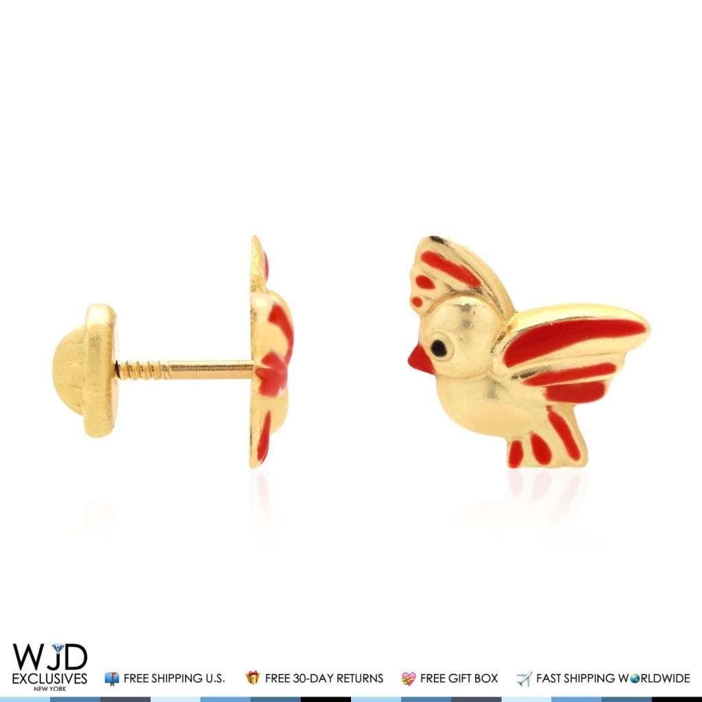 14K Solid Yellow Gold Red Enamel Baby Bird Screw Back Stud Kids Earrings