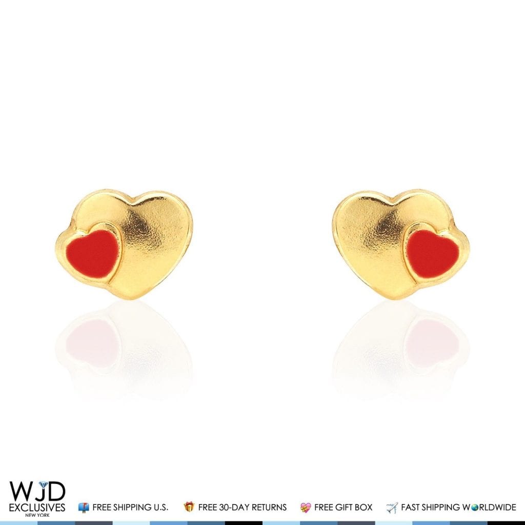 14K Solid Yellow Gold Red Enamel Heart Baby Screwback Stud Kid Earrings