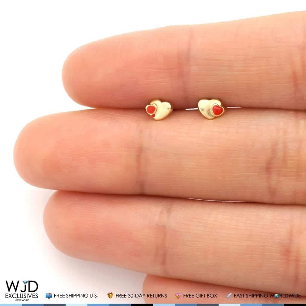 14K Solid Yellow Gold Red Enamel Heart Baby Screwback Stud Kid Earrings