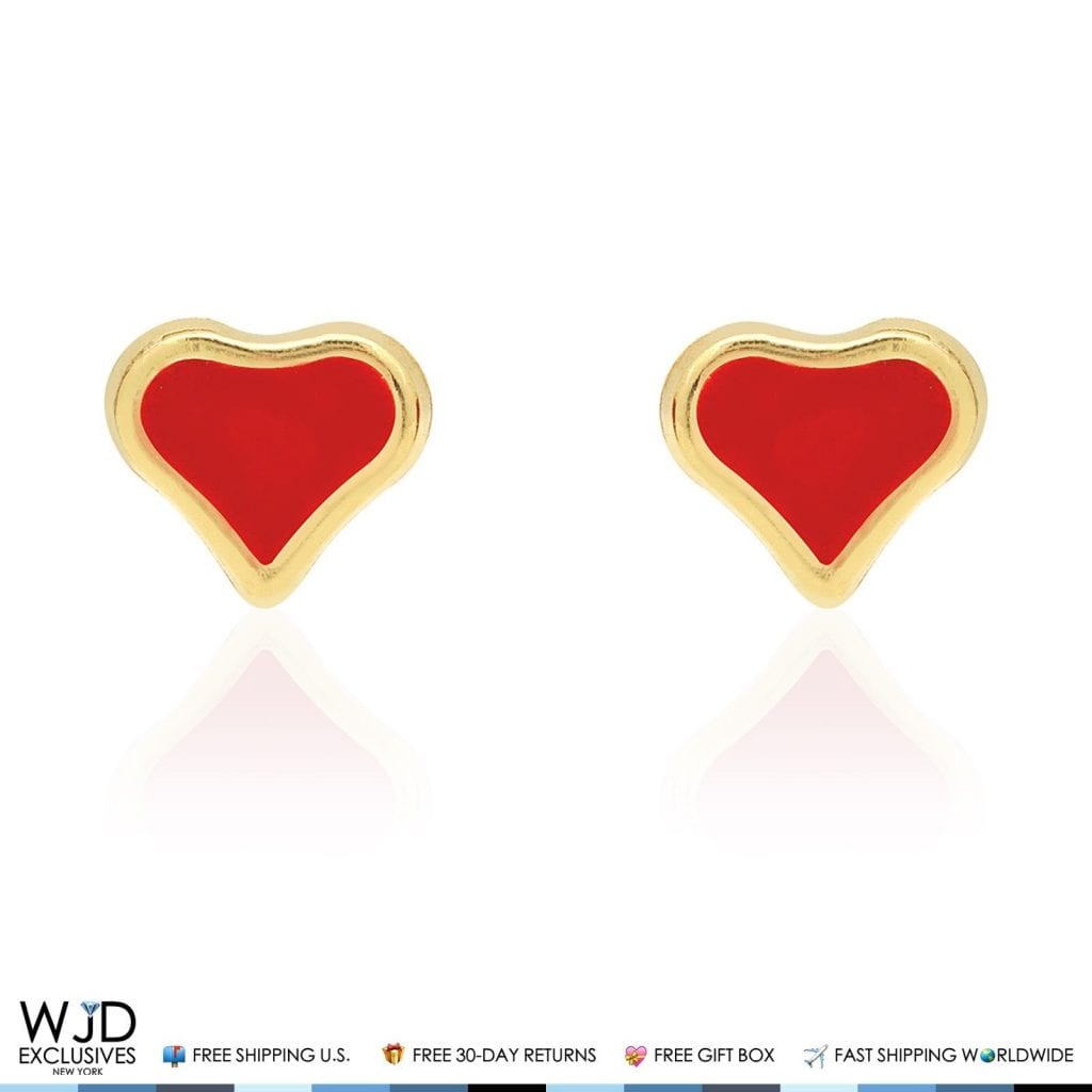 14K Solid Yellow Gold Red Enamel Heart Baby Screwback Stud Kid Earrings