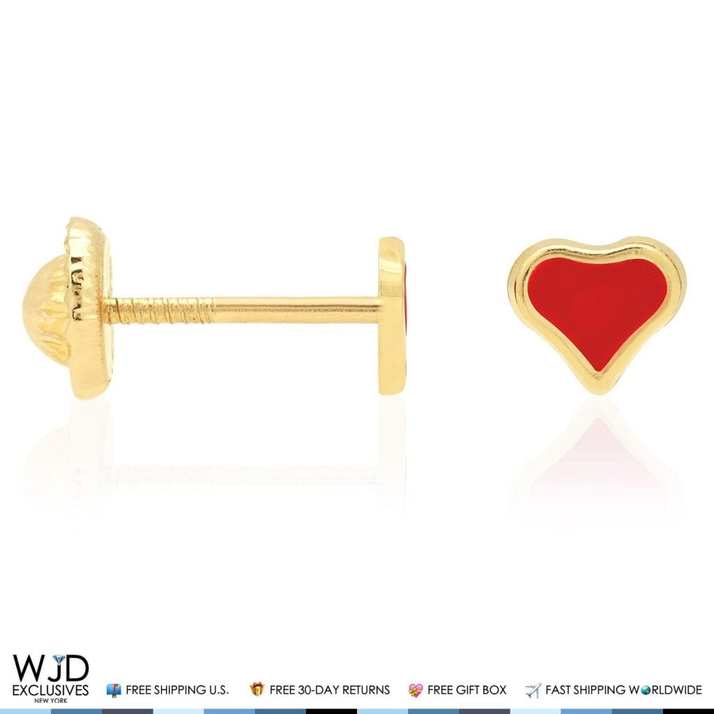 14K Solid Yellow Gold Red Enamel Heart Baby Screwback Stud Kid Earrings