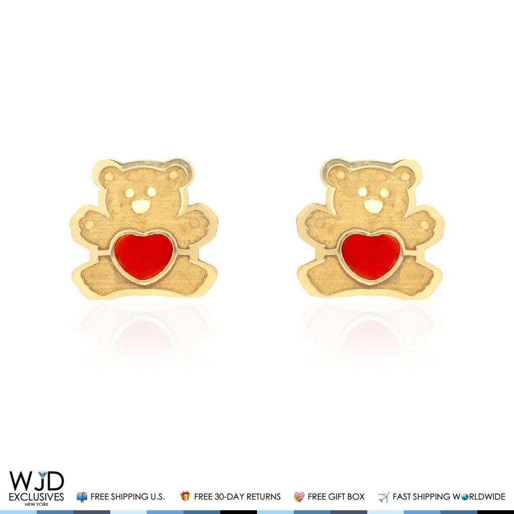 14K Solid Yellow Gold Red Enamel Heart Teddy Bear Baby Screwback Stud Earrings