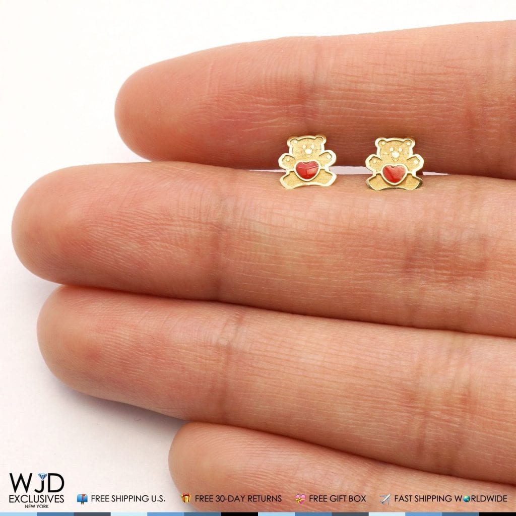 14K Solid Yellow Gold Red Enamel Heart Teddy Bear Baby Screwback Stud Earrings