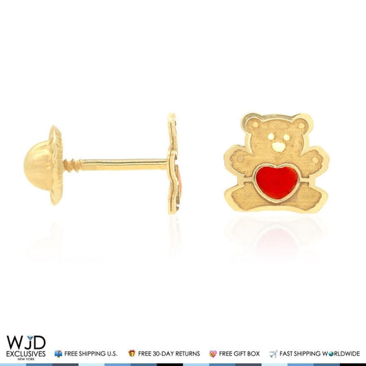 14K Yellow Gold Red Enamel Heart Teddy Bear Baby Screwback Stud Earrings