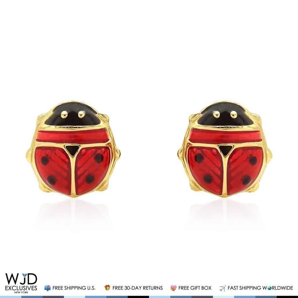 14K Solid Yellow Gold Red Enamel Large Ladybug Screw Back Stud Earrings 8mm