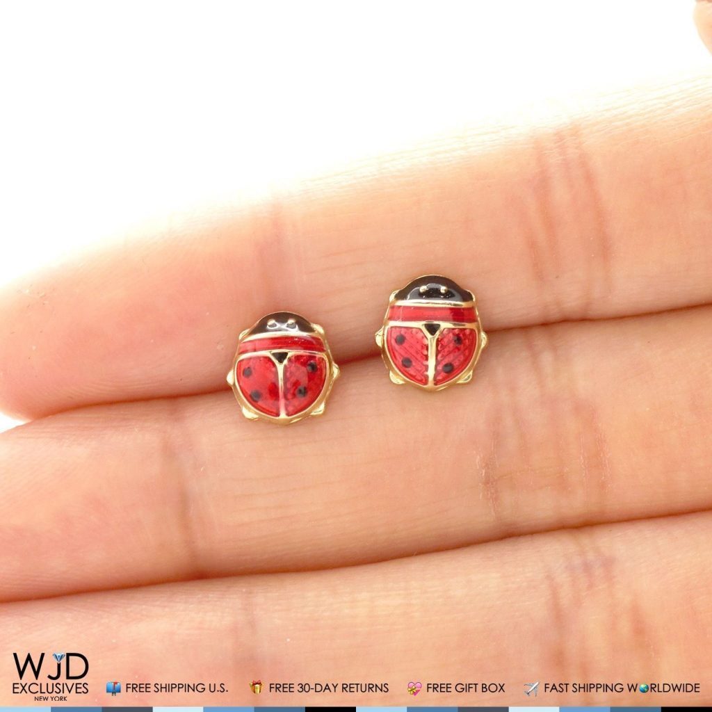 14K Solid Yellow Gold Red Enamel Large Ladybug Screw Back Stud Earrings 8mm