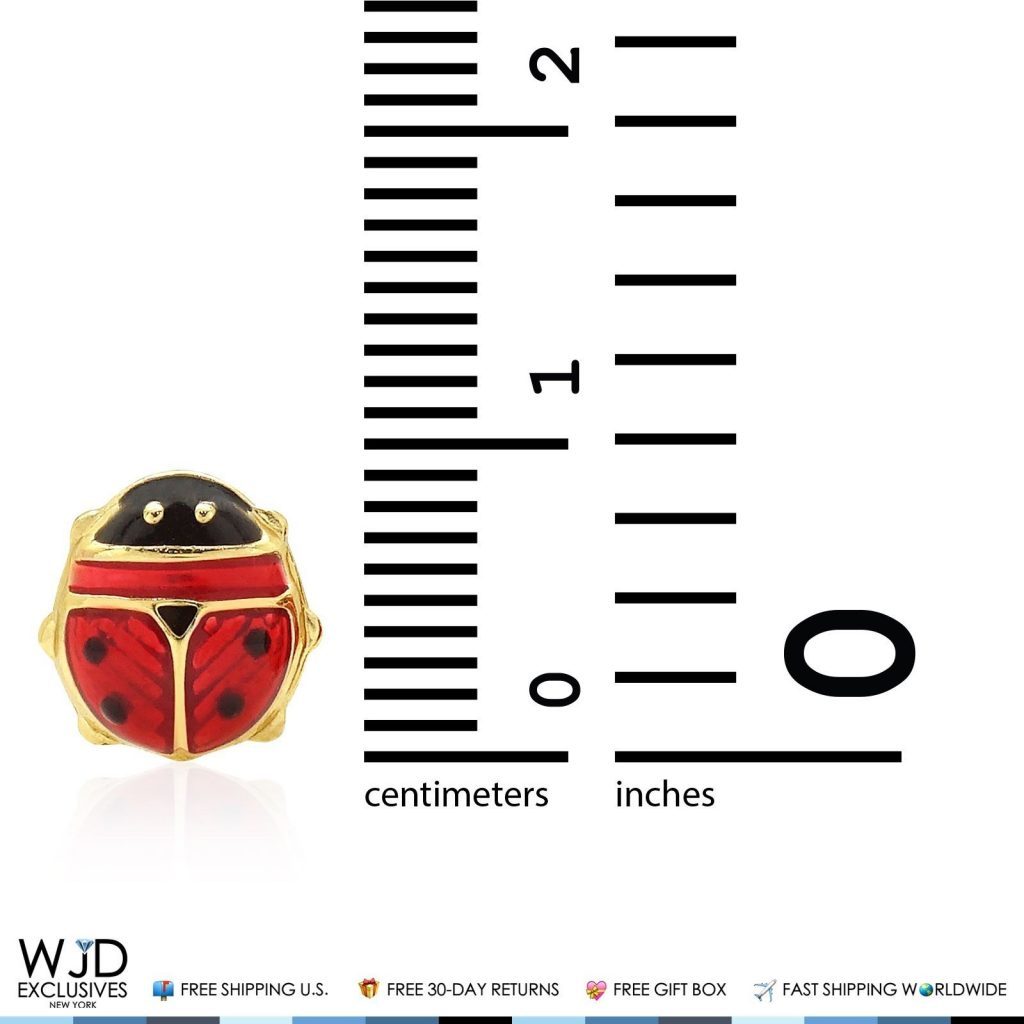 14K Solid Yellow Gold Red Enamel Large Ladybug Screw Back Stud Earrings 8mm